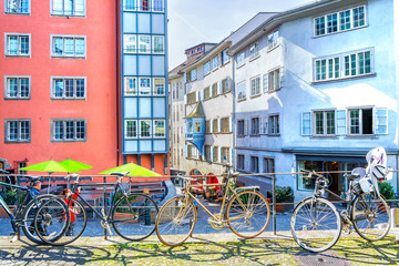 Fototapeta premium Bicycles parked on the street in the old town of Zurich, Switzerland