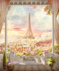 Fototapety  Piękny widok z balkonu i łuku na Paryż. Cyfrowy kolaż i fresk.