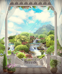 Beautiful view from the balcony on the waterfall. Digital fresco - obrazy, fototapety, plakaty