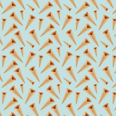 Empty crumble waffle ice cream cones as seamless decorative random pattern on soft light pastel green background.