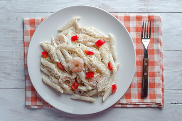 Italian spaghetti pasta with sauce and shrimp