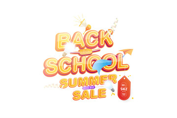 Summer Sale 50% offer for Back to School. Original Font inscription with lamp and paper airplane. Vector education concept.