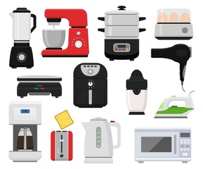 Household appliances vector kitchen homeappliance for house set cooker or washing machine in electric shop and microwave in appliancestore isometric illustration isolated on background
