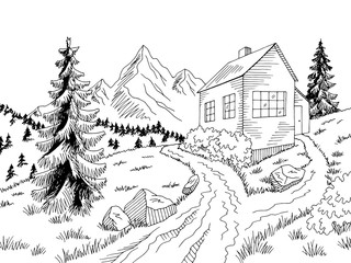 Naklejka premium Mountain house road graphic black white landscape sketch illustration vector