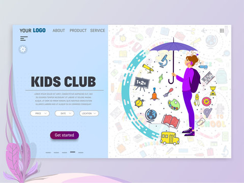 Kids Club home page template, flat style character