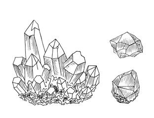 Set of crystals sketch. Natural mineral, hand drawn vector illustration