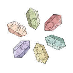 Set of crystals sketch ink. Hand drawn vector illustration.