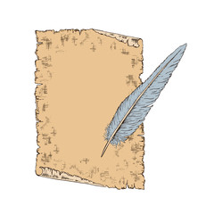 An old sheet of paper and a quill pen. Sketch hand drawn vector illustration in retro style