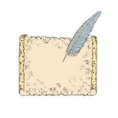 An old sheet of paper and a quill pen. Sketch hand drawn vector illustration in retro style