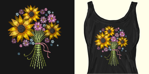 Embroidery bouquet of sunflowers. Trendy apparel design. Template for fashionable clothes, modern print for t-shirts, apparel art