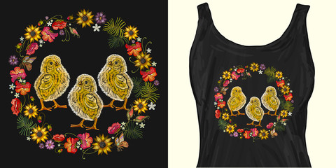 Embroidery chickens and wreath of flowers. Trendy apparel design. Template for fashionable clothes, modern print for t-shirts, apparel art
