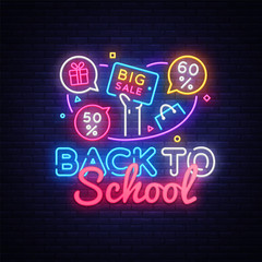 Back to School Vector, discount sale concept illustration in neon style, online shopping and marketing concept. Neon luminous signboard, bright banner, light advertisement