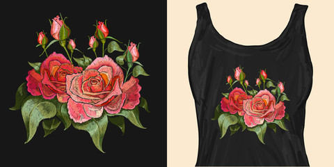 Roses flowers. Embroidery. Trendy apparel design. Template for fashionable clothes, modern print for t-shirts, apparel art