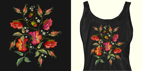 Embroidery roses flowers. Trendy apparel design. Template for fashionable clothes, modern print for t-shirts, apparel art