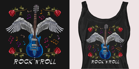 Embroidery guitar with wings and roses, rock’n’roll slogan. Trendy apparel design. Template for fashionable clothes, modern print for t-shirts, apparel art