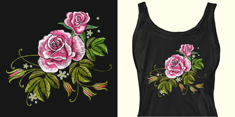 Pink roses flowers embroidery. Trendy apparel design. Template for fashionable clothes, modern print for t-shirts, apparel art