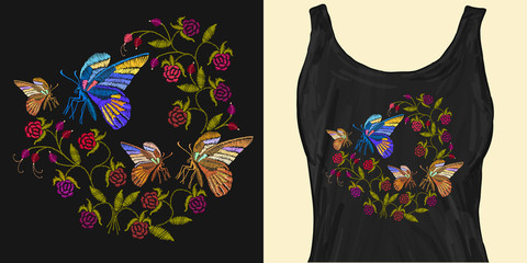 Butterflies and berries embroidery. Trendy apparel design. Template for fashionable clothes, modern print for t-shirts, apparel art