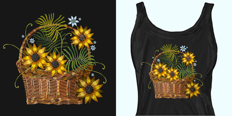Embroidery wicker baskets and sunflowers. Trendy apparel design. Template for fashionable clothes, modern print for t-shirts, apparel art