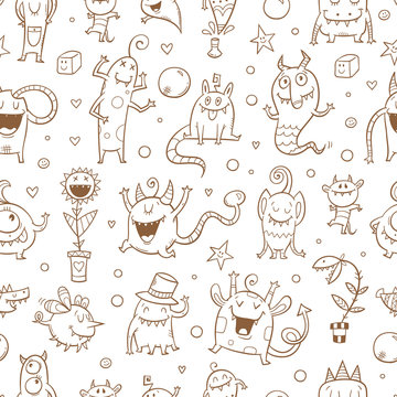 Seamless pattern with cute cartoon monsters on a white background. Doodle style.Vector contour image.