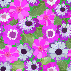  bright seamless pattern of small colorful flowers and green leaves