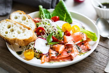 Smoked Salmon, Alfalfa Sprout ,Cherry Tomato Salad with Basil oil