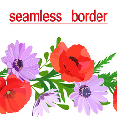 bright multi-colored seamless border of summer flowers: red poppies, delicate lilac daisies, green leaves isolated on white background