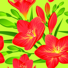 Vector pattern with blooming freesias and green buds