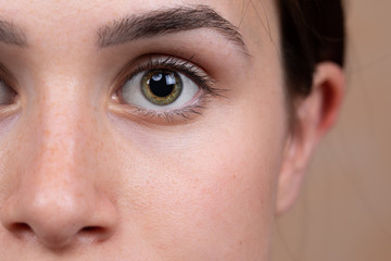 An extreme close up view on the healthy green eye of a pretty girl in her early twenties. Partial face view with copy space on the right.