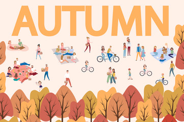 Fototapeta premium Flat design of group people outdoor in the autumn park on weekend. Editable vector illustration.