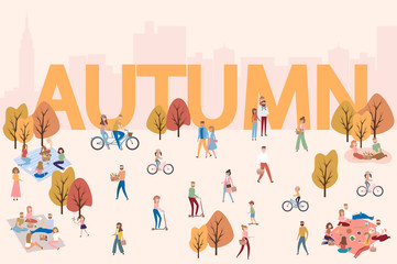 Flat design of group people outdoor in the autumn park on weekend. Editable vector illustration.