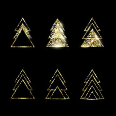 A set of geometric Christmas trees. Gold Glitter.