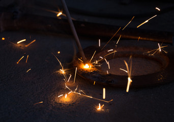 welder, craftsman, erecting technical steel Industrial steel welder in factory technical
