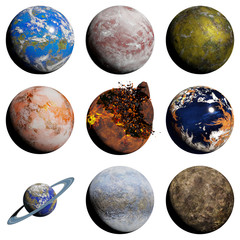 set of alien planet isolated on white background, nearby exoplanets (3d science illustration)