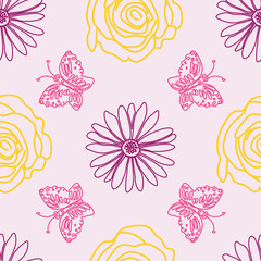 Fototapeta premium Summery hand drawn garden scenery seamless background.