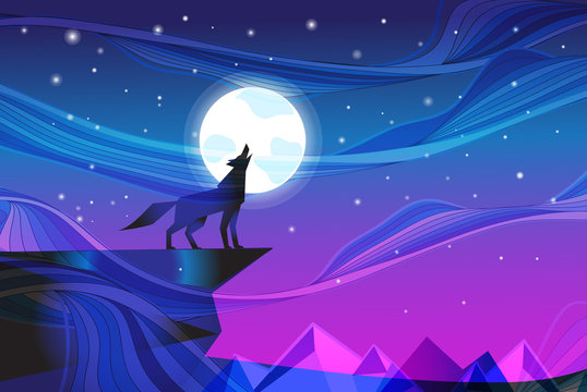 Night landscape with howling wolf at the moon