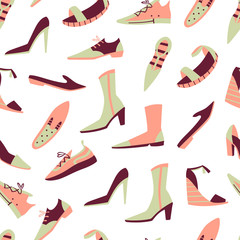 Seamless Pattern with Different Doodle Shoes. Hand Drawn Vector Illustration