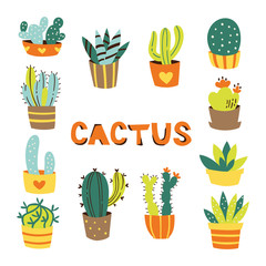 Set of Hand Drawn Cactuses and Succulents in Pots.