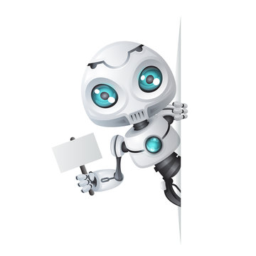 Cute robot look out corner technology science fiction internet online help tip maskot 3d design vector illustration