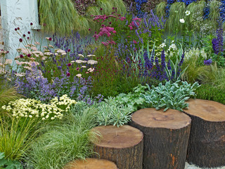 Detail of natural wooden seating in a hospice garden of peace and reflection © Garden Guru
