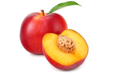 Nectarine with green leaf and slices isolated on white background