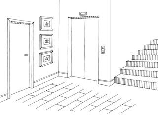 Corridor graphic black white interior sketch illustration vector