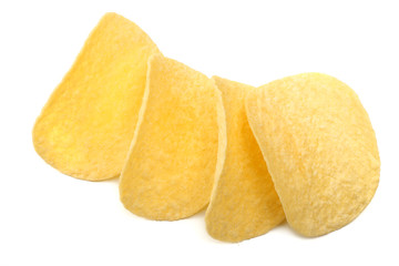 Group of potato chips isolated on white background. top view