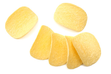 Group of potato chips isolated on white background. top view