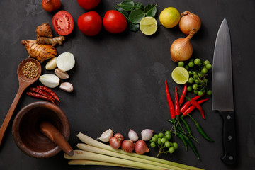 Thai kitchen. Various herbs, spices  and Ingredients on dark background. Top view with copy space