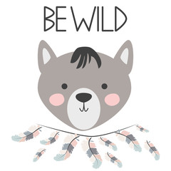 Cute sweet little wolf smiling face art. Lettering quote Be wild. Kids nursery scandinavian hand drawn illustration. Graphic design.
