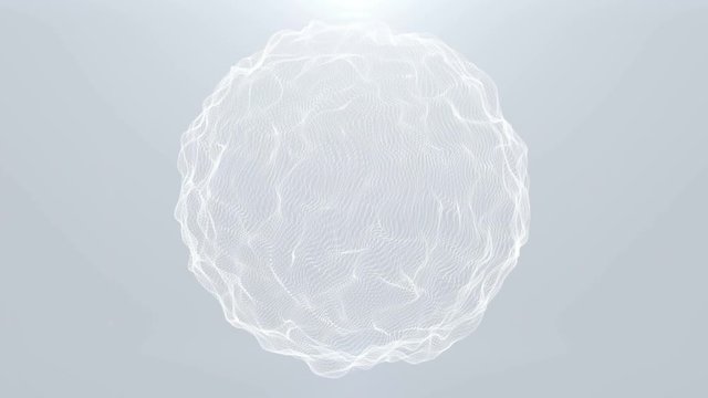 4K Glowing dots sphere. Wavy structure .Glow particles. Floating waves effect. Chaotic motion. Geometric lines. White color. Abstract silver background