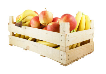 Fresh fruit in wooden box isolated on white background