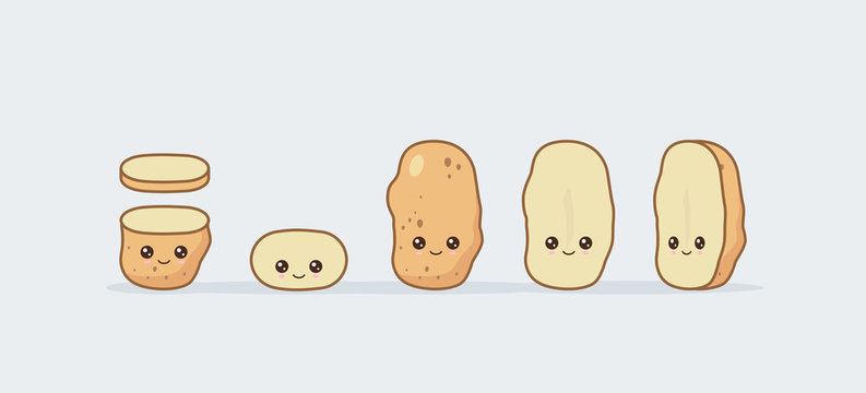 Set Potato. Cute Kawaii Smiling Food. Vector