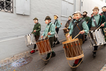 Archivgaesslein, Basel, Switzerland - March 12th, 2019. Close-up of a snare drum player group