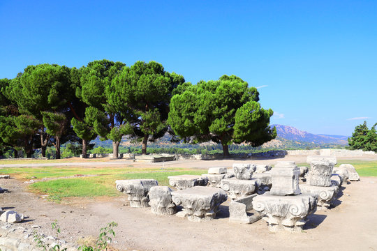 Fragments of ancient columns at the archaeological site, Selcuk, Ephesus, Turkey